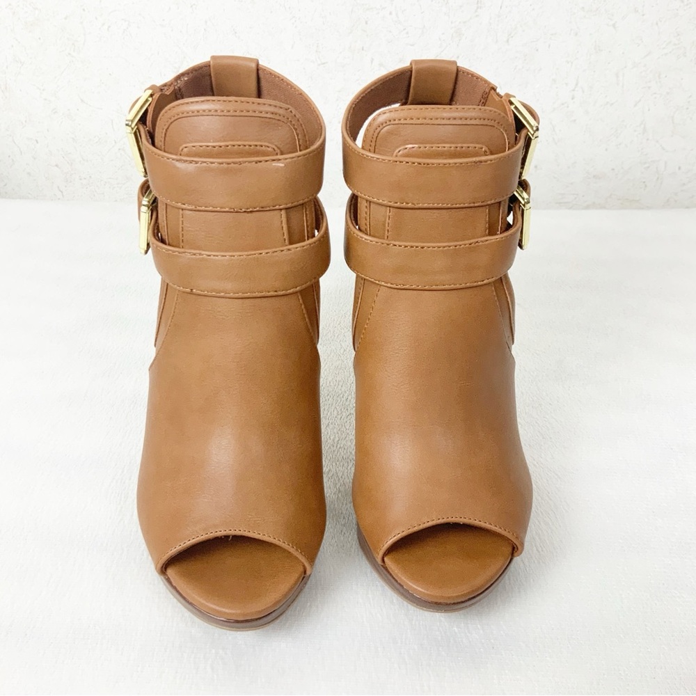 Brash Jayden Cognac Brown Buckle Open Toe Bootie Heels Size 6.5 Faux Leather - Picture 2 of 7
